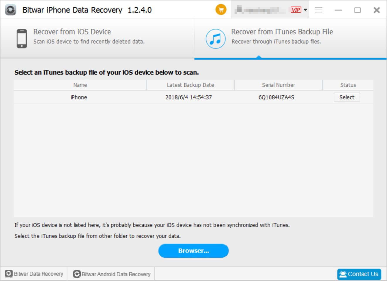 8.Bitwar iPhone Data Recovery - Select Backup File