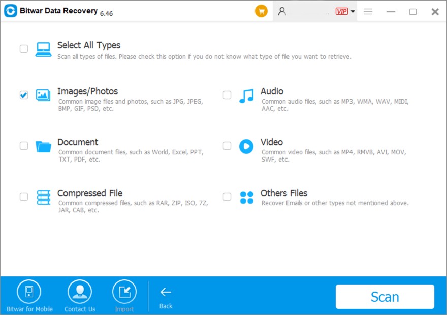 Select the file type to scan