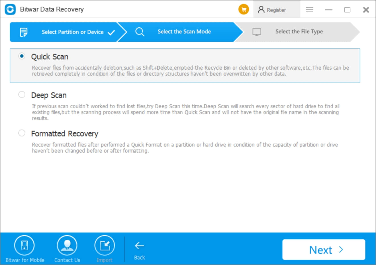 Data recovery UK - select the scan mode