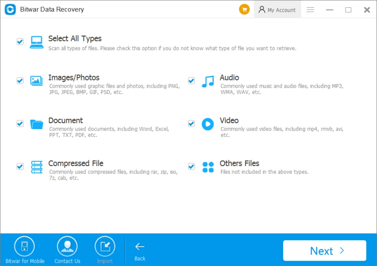 Bitwar Data Recovery Software 6.35 select file types.